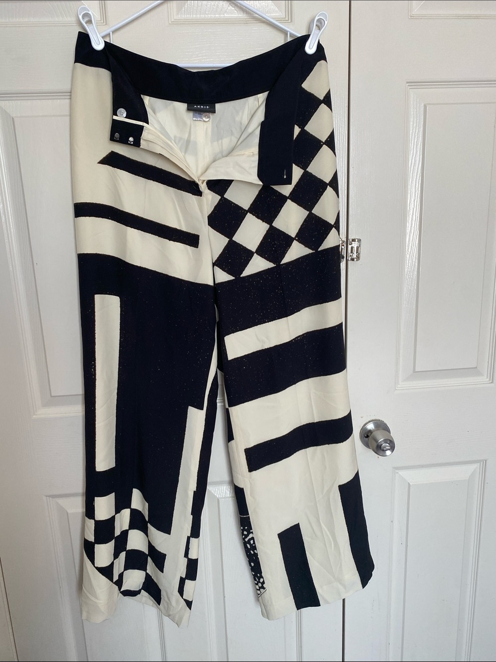 Akris Black & Cream Geometric Wide-Leg Pants 100% Silk Size 12